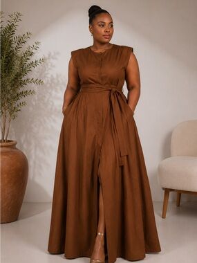 Sleeveless Brown Maxi Dress with Waist Tie